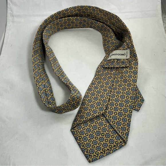 Pronto Uomo Gold Blue floral  Print 100% Silk Neck Tie - Picture 4 of 6